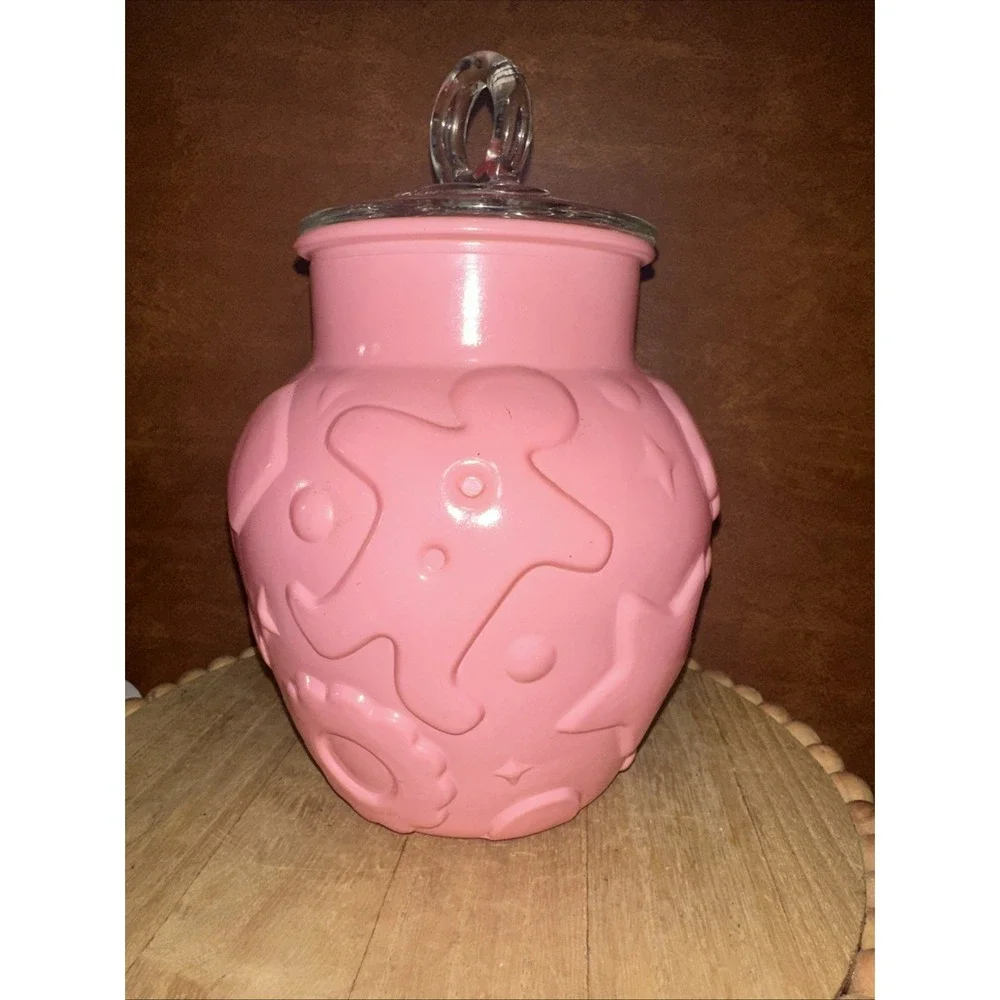 Vintage Hazel Atlas Gingerbread Man Cookie Jar Pink / Clear lid -1960